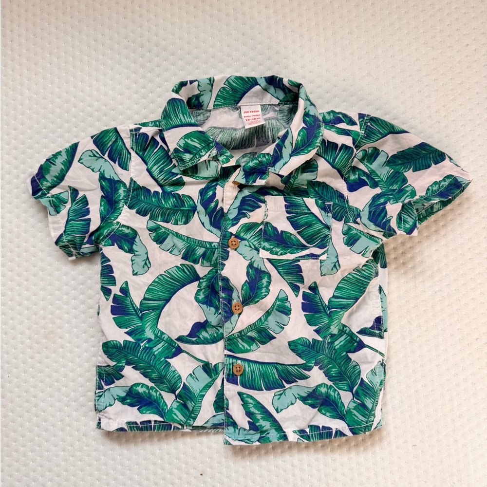 Boys‎ Short Sleeve Button Down Shirt Hawaiian Style Sz 12-18 m Green/white Leaf